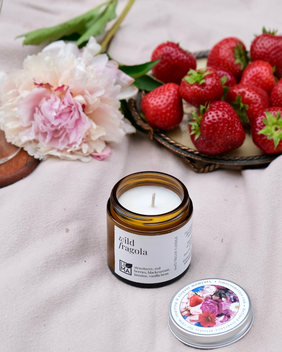 Kleine Erdbeerkerze auf der Picknick-Decke